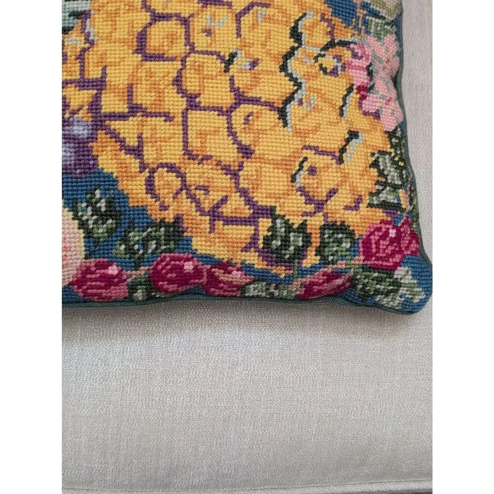 Handmade Fruit Needlepoint Pillow - Blue Background Yellow Pineapple Vintage
